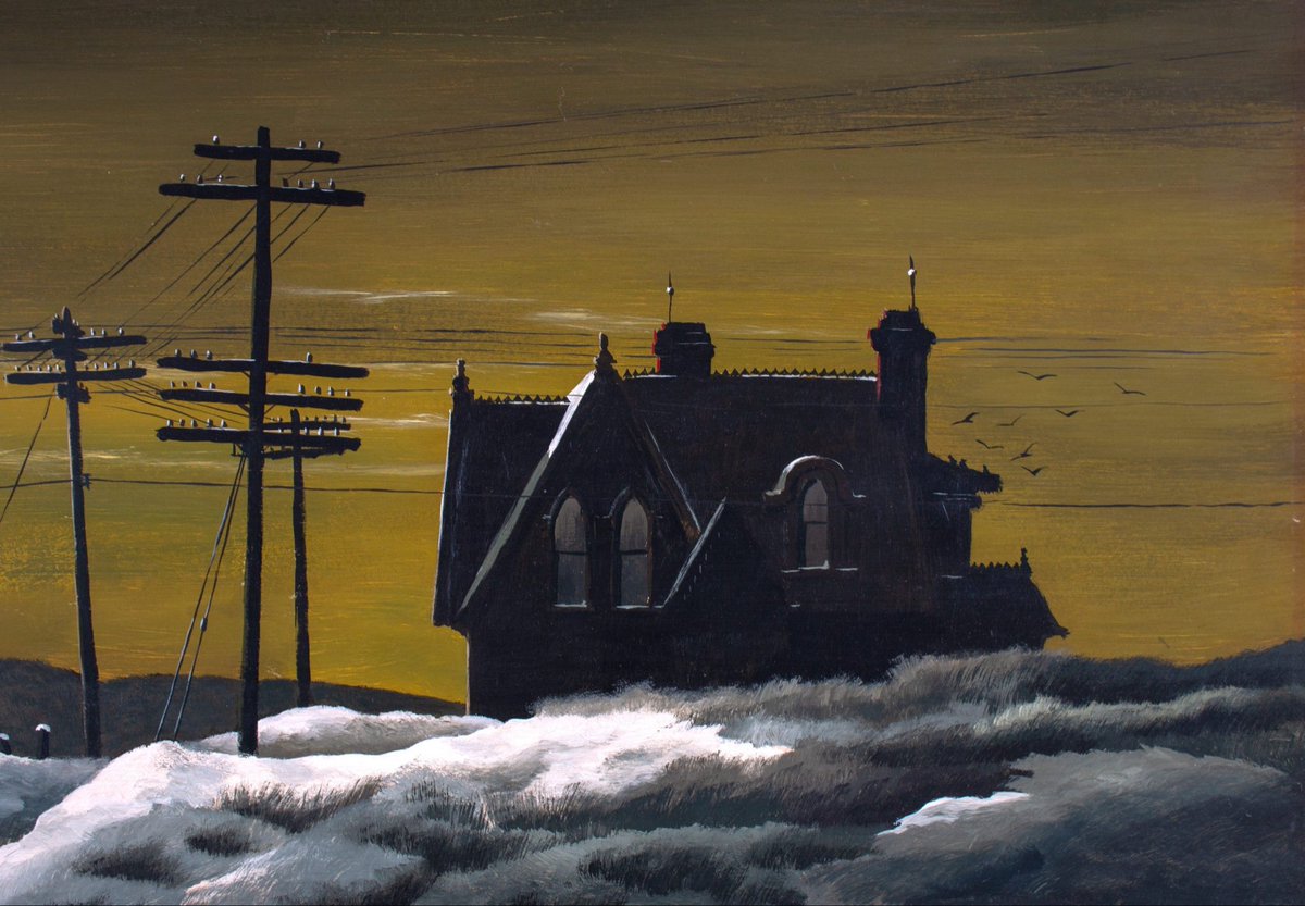 JoshLipnik's tweet photo. Dusk in Winter (1943) by Akron painter Raphael Gleitsmann (1910-1995) https://t.co/1w8UP9Pi5T