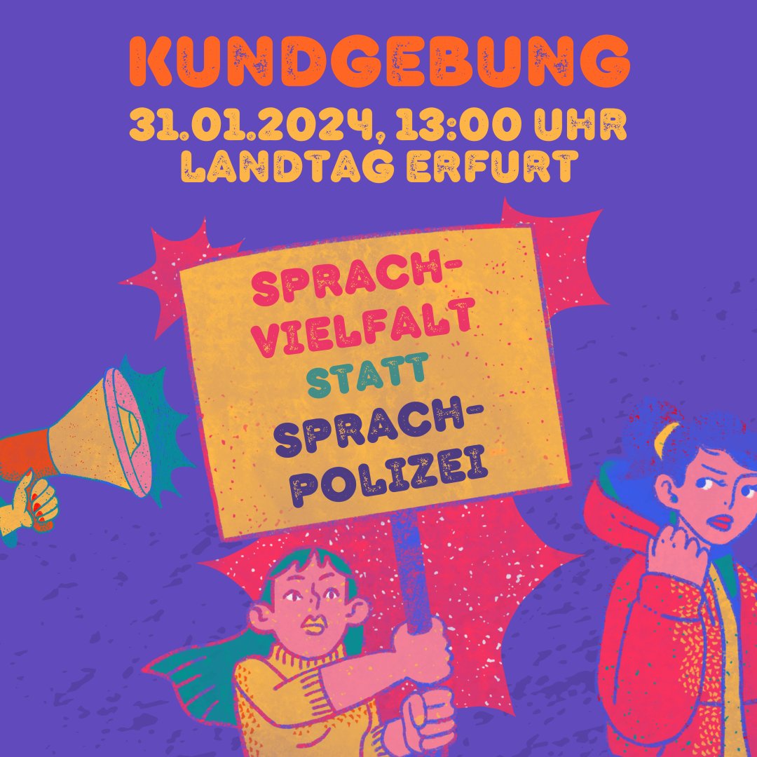 🏳️‍🌈🏳️‍⚧️ SPRACHVIELFALT STATT SPRACHPOLIZEI

Kundgebung gegen Verbote von geschlechtersensibler Sprache
🗓️am Mittwoch, den 31.01.2024
🕐um 13:00 Uhr
📍 vor dem Thüringer Landtag
📍(auf der Seite der Straßenbahn-Haltestelle „Landtag“)

#VielfaltInThüringen [1/4]