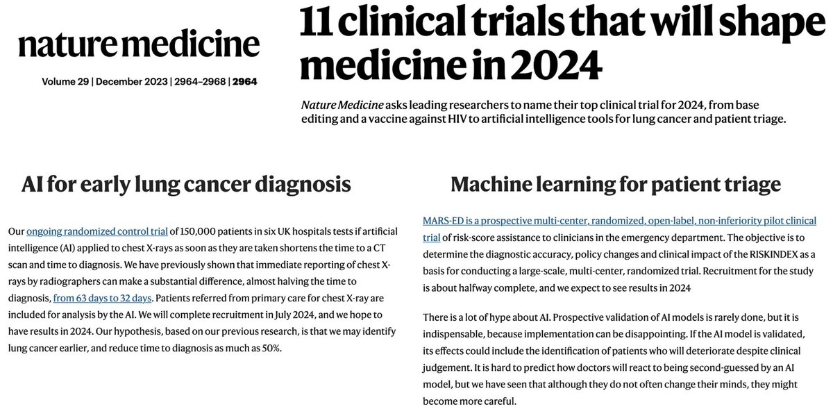 FranGVerdejo's tweet photo. @jarranza 🔝¡Efectivamente! 11 ensayos clínicos que “darán forma” a la medicina en 2024 según la prestigiosa revista @NatureMedicine y 2 de #IA (uno de IA en cáncer). https://t.co/8zzIRVShtD