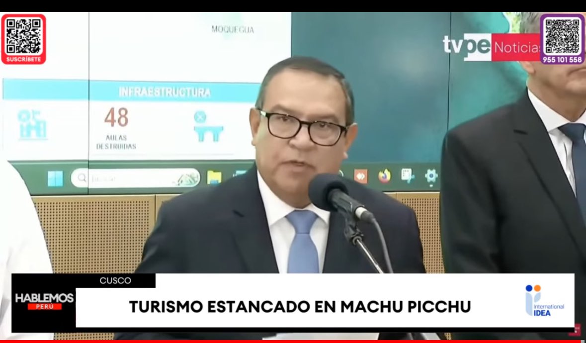 Epicentro_TV's tweet photo. “No vamos a perder el principio de autoridad. Le damos el respaldo a la Ministra de Cultura” dice el primer ministro Alberto Otárola y recuerda que se han aumentado hasta entre 10 y 15 años las penas para quienes interrumpan las vías de acceso al patrimonio de la Nación. En vivo #HablemosPerú https://t.co/c7pZlJliPh