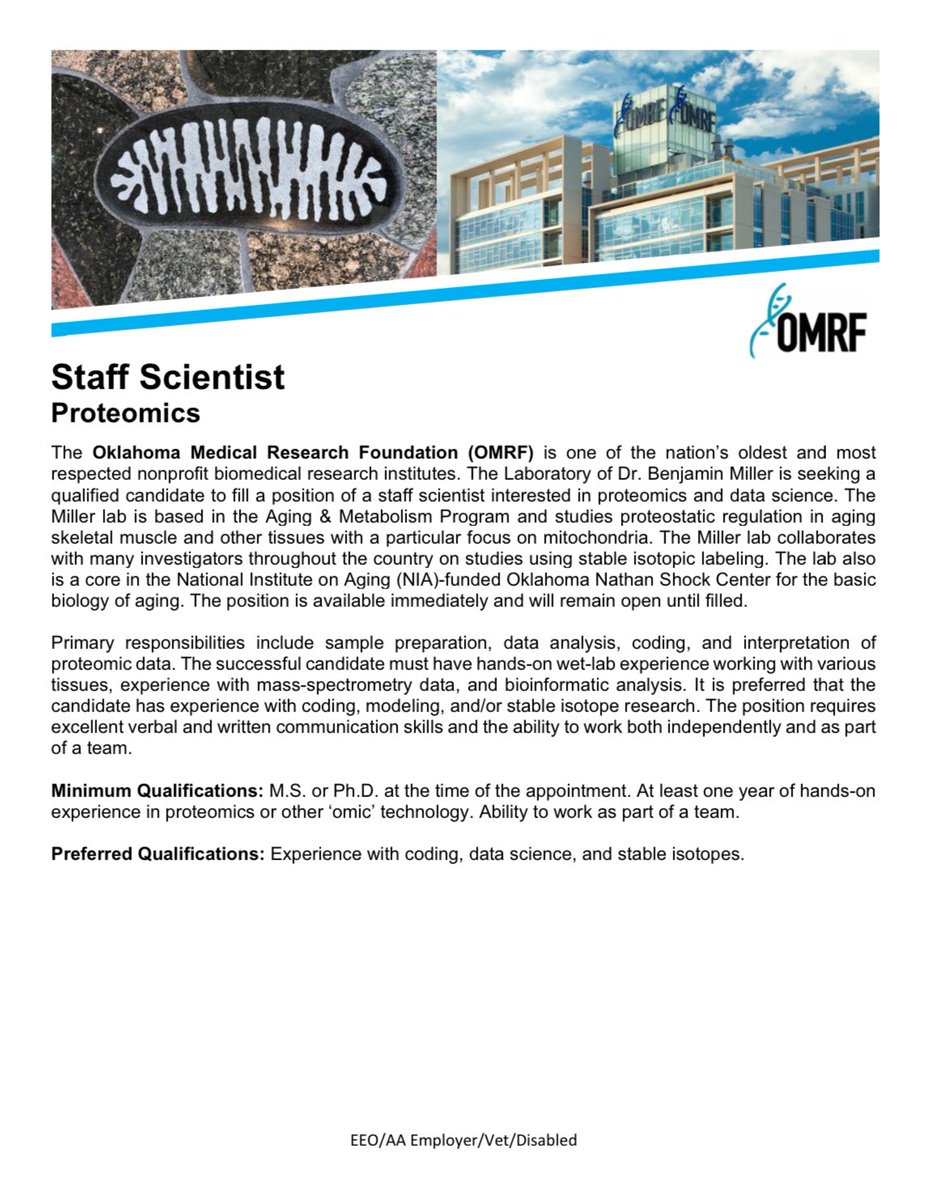 craymondpope's tweet photo. The Benjamin Miller Lab within the Aging and Metabolism Research Program at Oklahoma Medical Research Foundation (@OMRF) is hiring! We are looking for a qualified candidate to fill a staff scientist position specializing in Proteomics. Please spread the word! https://t.co/tHAlZJwiND