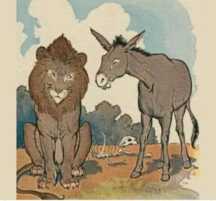 A donkey told the tiger, 'The grass is blue.'

The tiger replied, 'No, the grass is green​.'

The discussion became heated, and the two decided to submit the issue to arbitration, so they approached the lion.

As they approached the lion on his throne, the donkey started