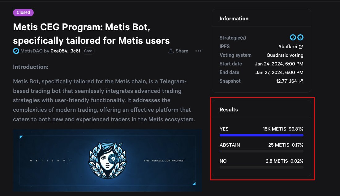 MetisSnipeBot's tweet photo. BIG NEWS TODAY GUYS! 👀

Our CVP proposal just got the green light! 🌿

We're over the moon with this win and can't thank our amazing community enough for the support. 

Buckle up, because we're just getting started! 

@MetisL2 - @MetisSnipeBot 🤝🏻