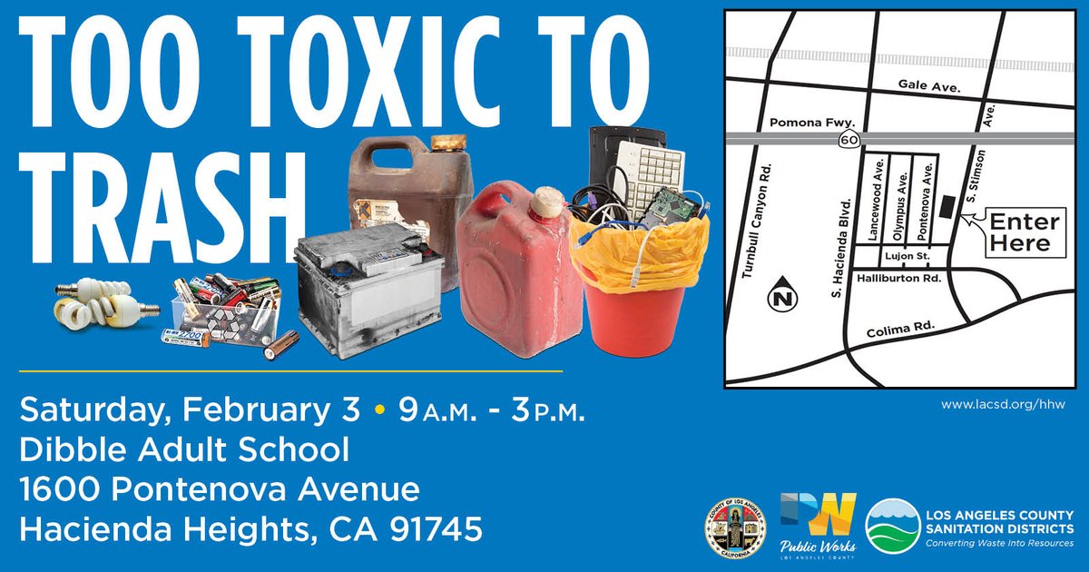 FREE Household Hazardous Waste &amp; #EWaste Roundup on Sat Feb 3 in #HaciendaHeights at Dibble Adult School (1600 Pontenova Av) from 9am-3pm. Bring paints, oils, batteries, sharps, computers, TVs, microwaves &amp; more. Open to all of #LACounty! #Retweet #recycle lacsd.org/home/showpubli…