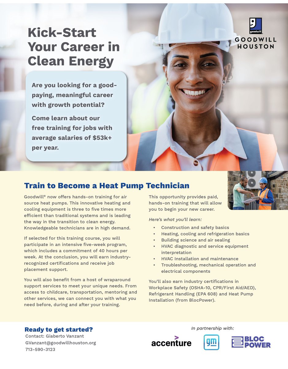goodwillhouston's tweet photo. Goodwill has partnered with Accenture, General Motors, and BlocPower to offer job training to become an air source heat pump technician. You will earn multiple credentials to help you get a job in the clean energy field, feel prepared and receive more pay. #AdvanceWithGoodwill https://t.co/8s1yDtqLeK