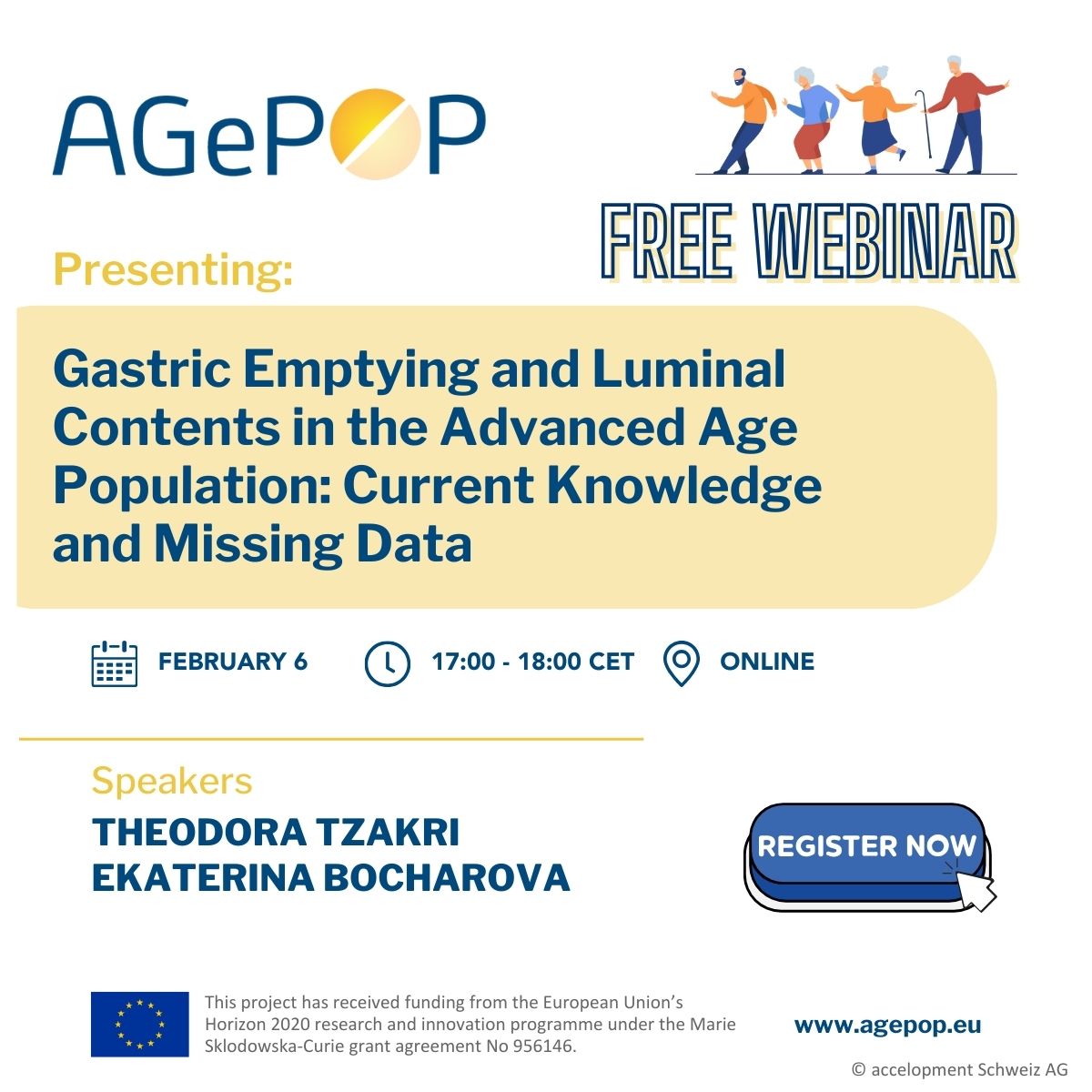 📣Register now! In the second AGePOP webinar, Theodora Tzakri and Ekaterina Bocharova present the current state of knowledge on gastric emptying and luminal contents in people of advanced age.  Sign up, learn and ask your questions: us02web.zoom.us/webinar/regist…