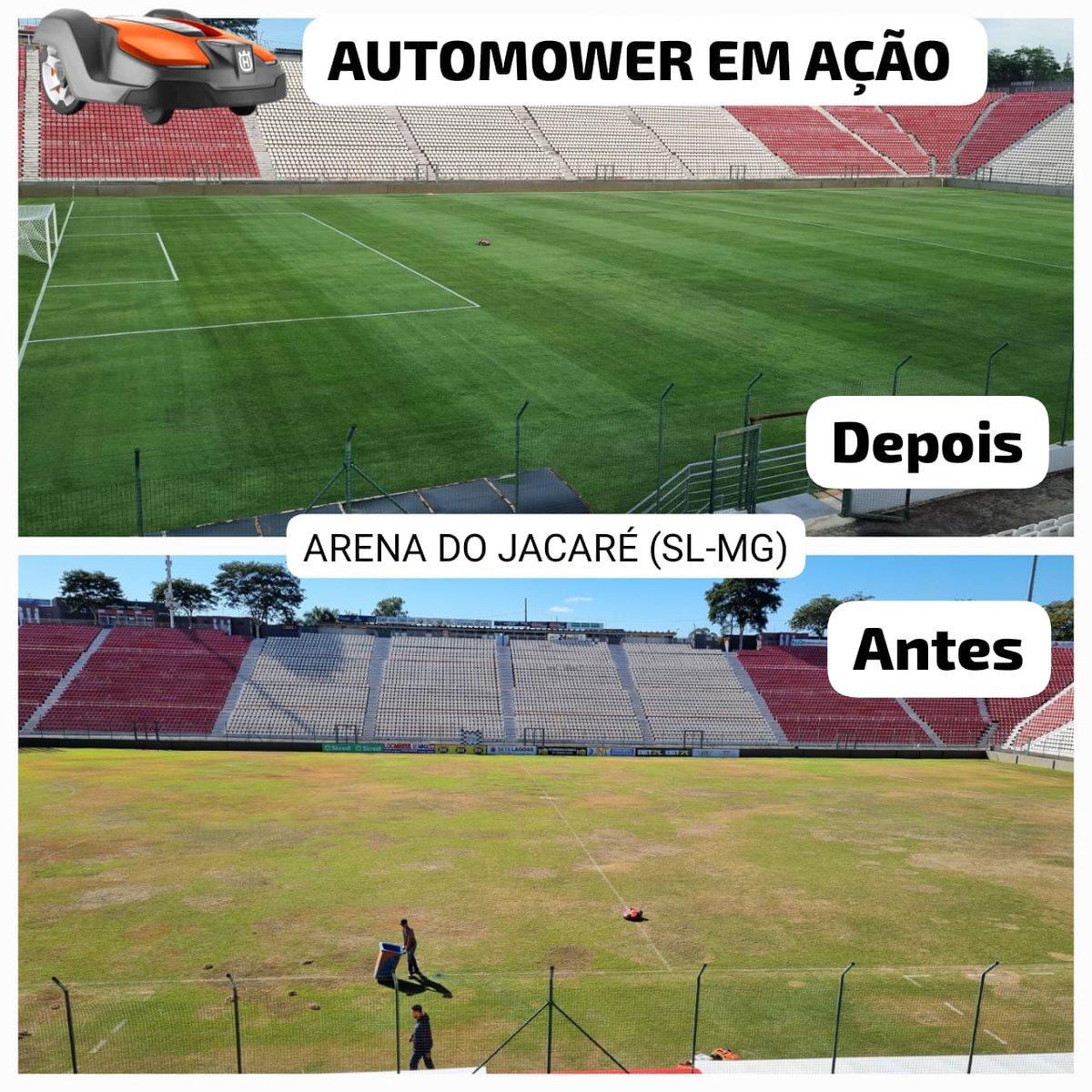 richardsonck21's tweet photo. Transformação incrível na Arena do Jacaré!  Com a parceria da @husqvarna e @democratajacare, revitalizamos o gramado com o inovador Robô Cortador de Grama Automower. Antes e depois impressionantes após esse projeto sem custos para o Jacaré, focado na qualidade e sustentabilidade. https://t.co/JqqhXYYL29