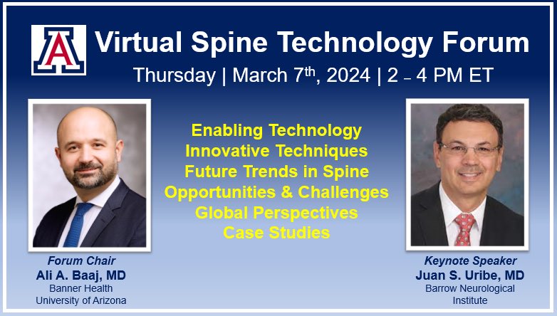 AliBaajMD's tweet photo. Thrilled to share link for an upcoming webinar dedicated to Spine Surgery Technology! 10 colleagues from throughout the 🌍 will join and share opportunities &amp; challenges in their region. Delighted to have @thejuansuribe as the keynote speaker. 

https://t.co/p2TV3AGQ7g https://t.co/9MuTnNYgxm