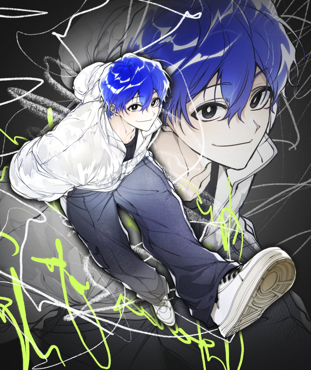 1boy blue hair male focus smile pants zoom layer jacket  illustration images