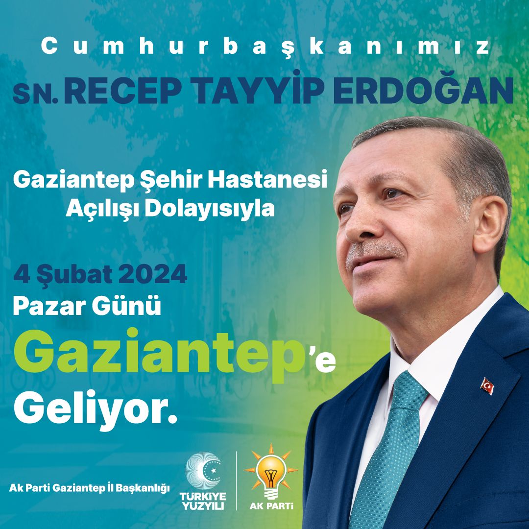 Cumhurbaşkanımız Sayın Recep Tayyip Erdoğan Gaziantep Şehir Hastanesi açılışı dolayısıyla 4 Şubat Pazar günü Gaziantep'e geliyor. #Erdoğangeliyor @RTErdogan @AKKADINGM