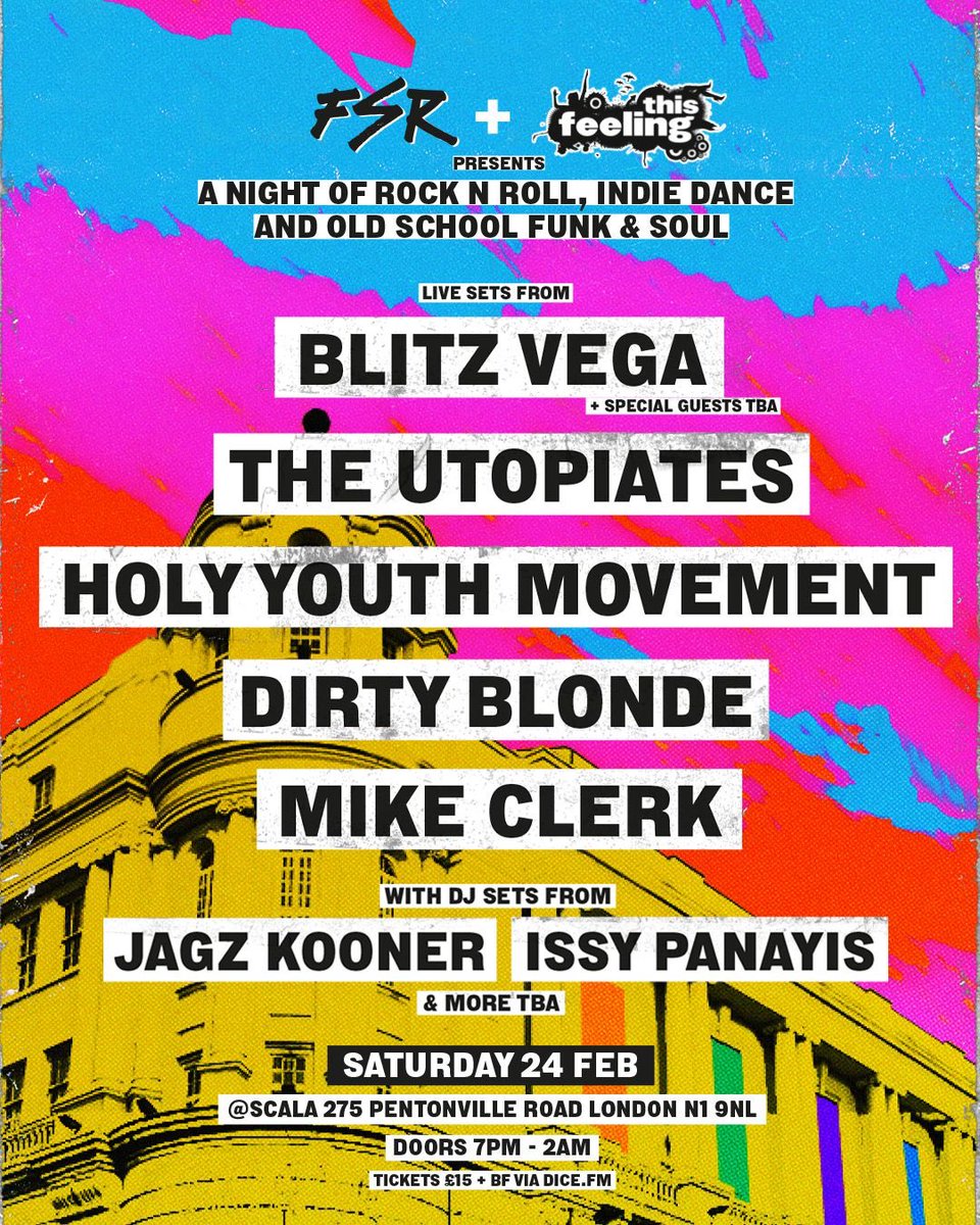 Excited to announce our first gig of the year will be at @ScalaLondon Saturday 24th Feb with @BlitzVegamusic @JagzKooner1 @TheUtopiates @dirtyblondeband  @IssyPanayis 

Get your tickets now from dice.fm 

#holyyouthmovement #hym #jagzkooner #blitzvega