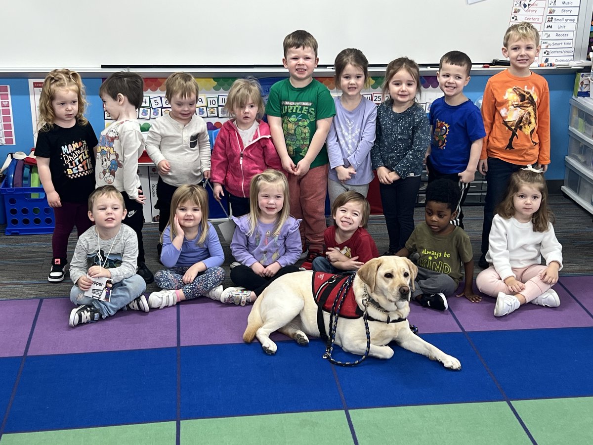 DCGDistrict's tweet photo. There was a special guest in preschool classrooms this morning! Eureka usually roams the halls at DCG Middle School, but today she was hanging out with our youngest learners! Professional therapy dogs provide so many learning experiences for our students! #dcgexcellence https://t.co/6BRNJnXGTw