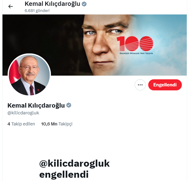 Siyasetçileri engelleme kampanyamızdan sonra  Kemal Kılıçdaroğlu 1000 takipçi kaybetti. 1000 kişi tarafından engellendi.
Bu büyük bir adım.
Ama daha büyük adımlar atmalıyız.
Siyasette yeni bir dönem açmanın zamanı geldi!
#siyasetciyiengelle 
#Bağimsizadayidestekle