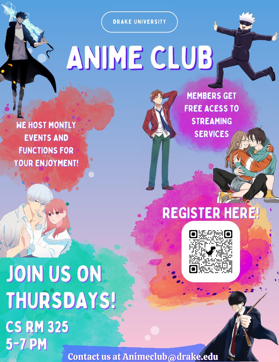 DrakeAnimeClub's tweet photo. Welcome back Drake University students to the spring semester of 2024! We’re so excited to have you guys back and can’t wait for you to see what we have in store for you! https://t.co/rOPbqdFGcJ