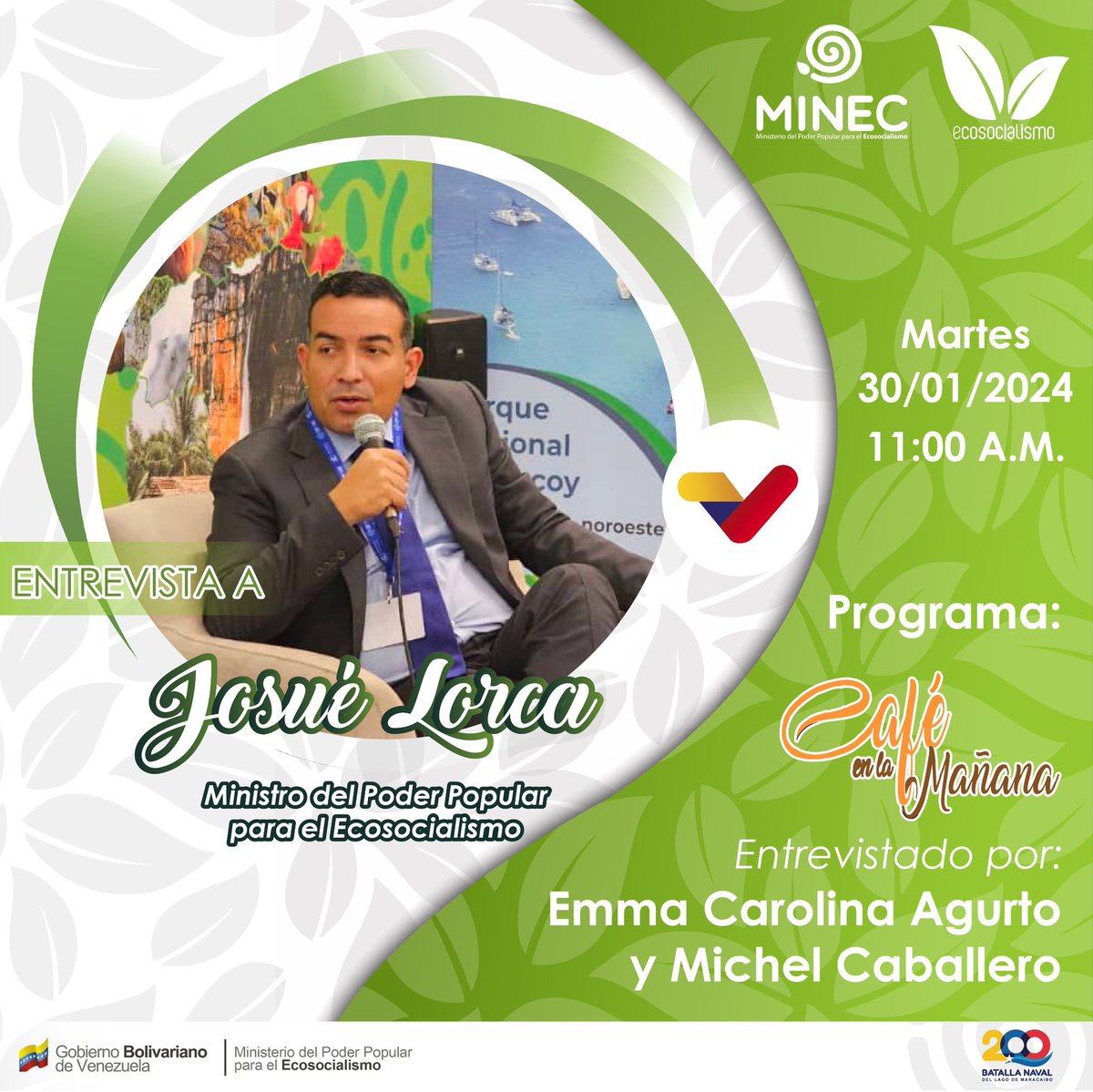 El #Minec te invita a sintonizar este #30Ene a las 11:00 a.m. el programa "Café en la Mañana", transmitido por  VTV , donde el Ministro de Ecosocialismo <a href="/JosueLorcaV/">Josué Lorca Vega</a> participará en entrevista especial con Emma Carolina Agurto y Michel Caballero.