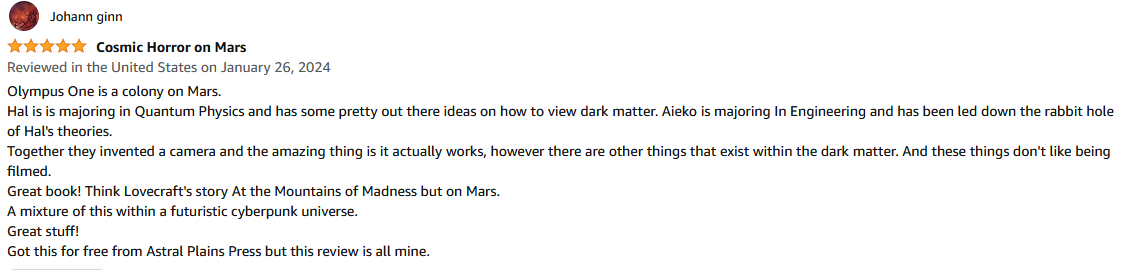 Another 5 star review for Echoes of Olympus Mons! I guess I should market this one more, right? #booktwt #lovecraft #HorrorCommunity