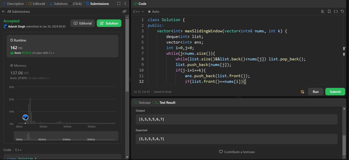 ad_ars_h's tweet image. Q 33 of 100: Sliding Window Maximum
In this question we had to use the concept of sliding windows to find the maximum of all the possible subarrays of size k.
#coding #leetcode #codeforcause