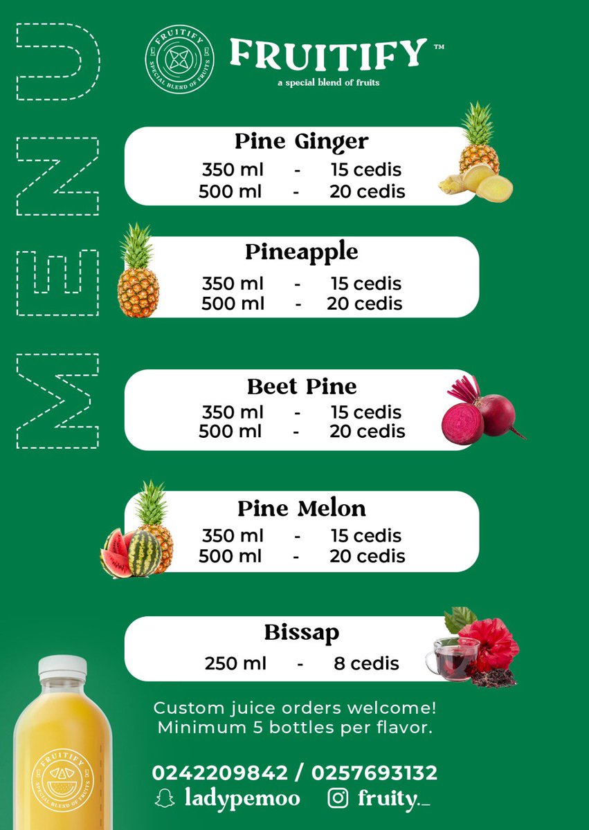 Kindly observe our revised juice selections and new pricing. Large-quantity orders are necessary for bissap.