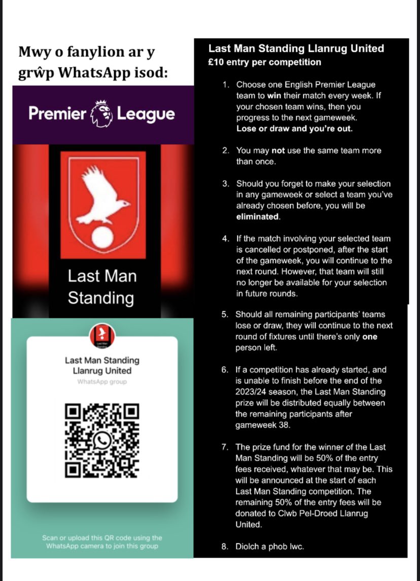 🔴LAST MAN STANDING🔴

⚽️ Dewis 1 tîm bob wythnos (Premier League)
⚽️ Os ydy eich tîm yn ennill rydych yn symyd ymlaen i’r wythnos nesaf.
⚽️ Colli neu gem gyfartal ac rydych i allan
⚽️ Mond unwaith gallwch dewis yr un tîm
⚽️ ’Last Man Standing’ yn ennill 50% or pot
⚽️ £10
