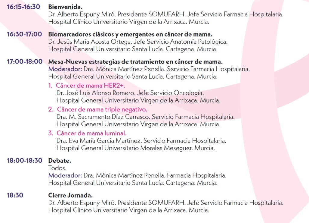 Biomarcadores clásicos y emergentes y nuevas estrategias de tratamiento en cáncer de mama
21 febrero. 16:15h
<a href="/AlbertoEspuny/">Alberto Espuny</a> #JesusMariaAcosta #JoseLuisAlonso <a href="/MSDiazC/">Mª Sacra Díaz</a> #EvaMGarcia #MonicaMartinez
@murciasalud <a href="/AreaUnoArrixaca/">Área 1 Arrixaca</a> <a href="/Area2Cartagena/">@Area2Cartagena</a> <a href="/Area6VegaMedia/">Área 6 Vega Media</a> <a href="/sefh_/">S.E.F.H</a> <a href="/_SEOM/">SEOM</a> <a href="/SEAP_IAP/">SEAP-IAP</a>