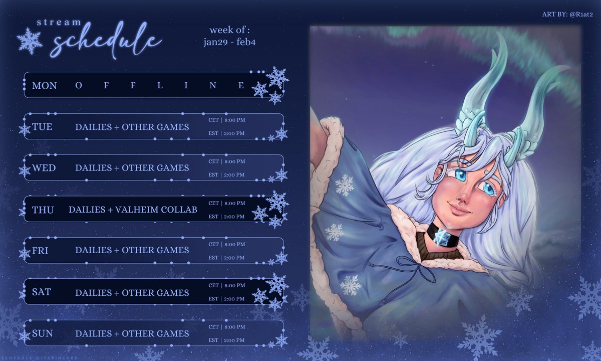LinnychuVT's tweet photo. ✨THIS WEEK'S SCHEDULE✨
❄ Thu - Valheim collab w/@TerenceMcDona14 & @JudgeTrippyGuy
❄ Fri - Movie Night at 5PM CET
Schedule by @/itsbinches
Art by @/R1aT2
#LinnyLive #VTuberUprising https://t.co/Jc4ePPltVU