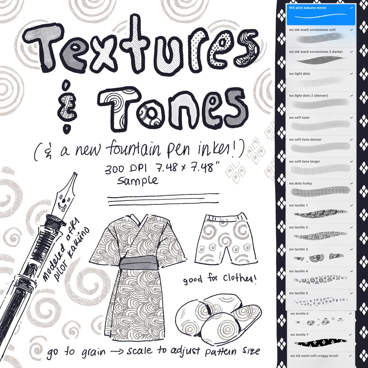 happy (?) monday everyone! textures and tones pack is LIVE! another fun comics pack for you! dots and textiles drawn on paper and scanned to give a more analog feel!  $3 (tips always appreciated), 🔗below. i always rec hex 20202c instead of pure black for a more layered ink feel 