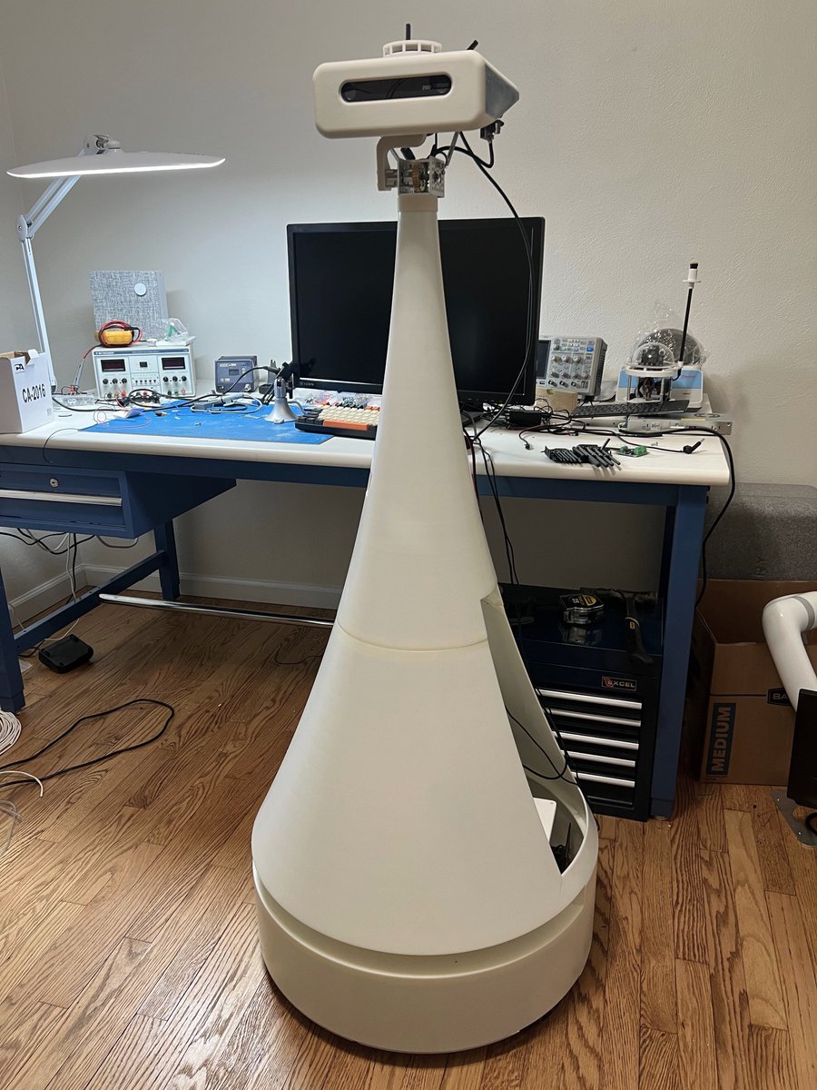 Meet Sophie a home robot for all. Starting to look very clean for a home robot. The 6 axis arm is waiting on some mounting parts. Robot full height (not counting antenna is 4' 8' or 1.42 meters) More details can be found here - hackaday.io/project/182694… #AI #MachineLearning…