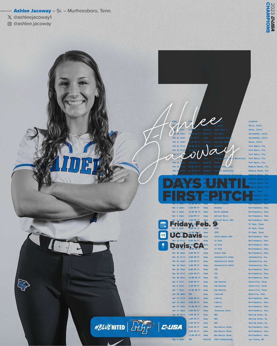 MT_Softball's tweet image. Seven more days ‼️

#BLUEnited | @ashleejacoway1