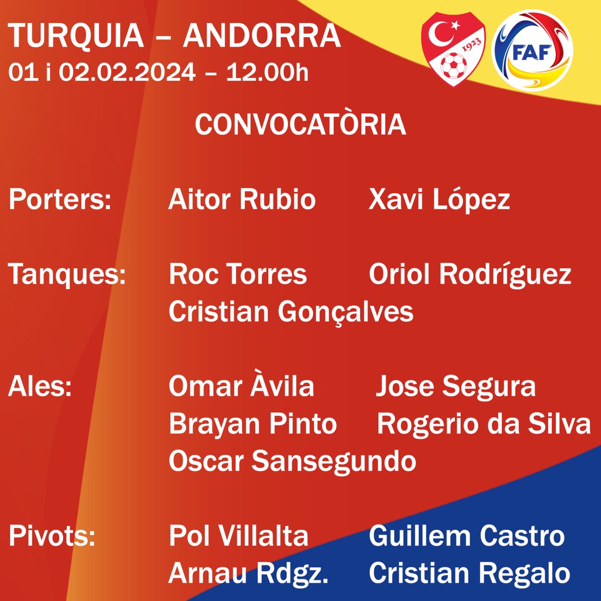 📝 LA LLISTA 🇹🇷🇦🇩
➡️ Aquests són els jugadors cridats per Talin Puyalto i que disputaran els partits contra Turquia dijous i divendres (12.00h).
#️⃣ #SomAndorra