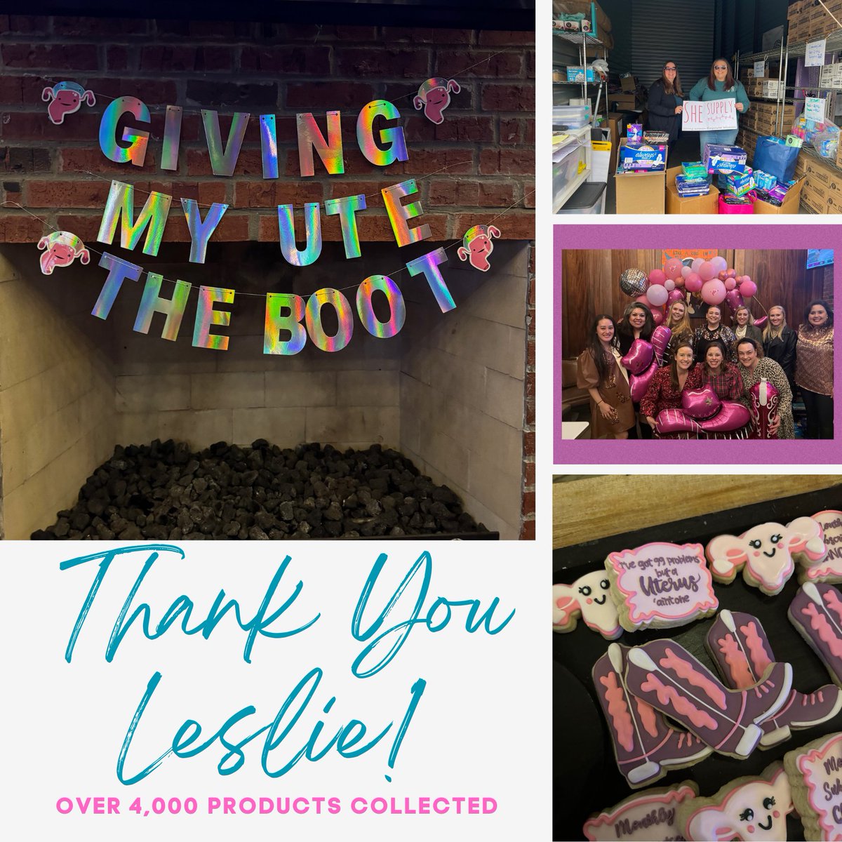 Leslie had the most creative donation drive for her hysterectomy party to celebrate. Together, they collected 4K+ products!! We celebrate your recent milestone + style!!! ❤️ 👢  👏  🏆 
DL our guide ow.ly/PAX250Qvh4B

#SheSupply #EndPeriodPoverty #DonationDrive #Gratitude