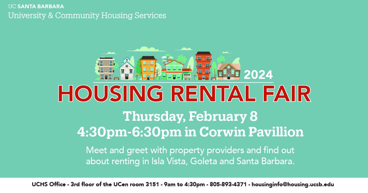 📣Are you interested in community housing for the 2024-25 academic year? 

Join the University &amp; Community Housing Services team at the Housing Rental Fair in Corwin Pavilion on Thursday, February 8 from 4:30pm to 6:30pm!

#ucsantabarbara #gauchos #ucsb2025  #ucsb2026 #ucsb2027