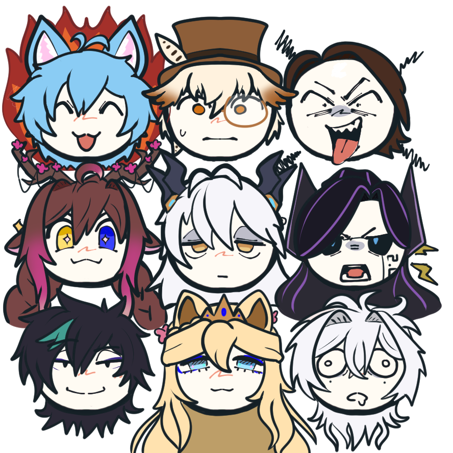 IAmRoyalBlu's tweet image. saw this and realized that each face perfectly fits my friend group, so i drew it

in order:

@VTIndieJT @DandyStreaming @Inmate004G @SylviaVT_ @Lightweaver_A @Neptunia2711 @GihonVT (myself) and @tonitovt 

check them out :3