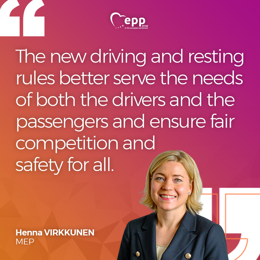 EPPGroup's tweet photo. Transporting people is different from transporting goods! 

“Occasional tourist trips are characterised by seasonality and changing circumstances,” says @HennaVirkkunen. 

Read ️more on the revised rules for occasional #busandcoach services: https://t.co/FYkvjZYFru https://t.co/f6g3z0cGhF