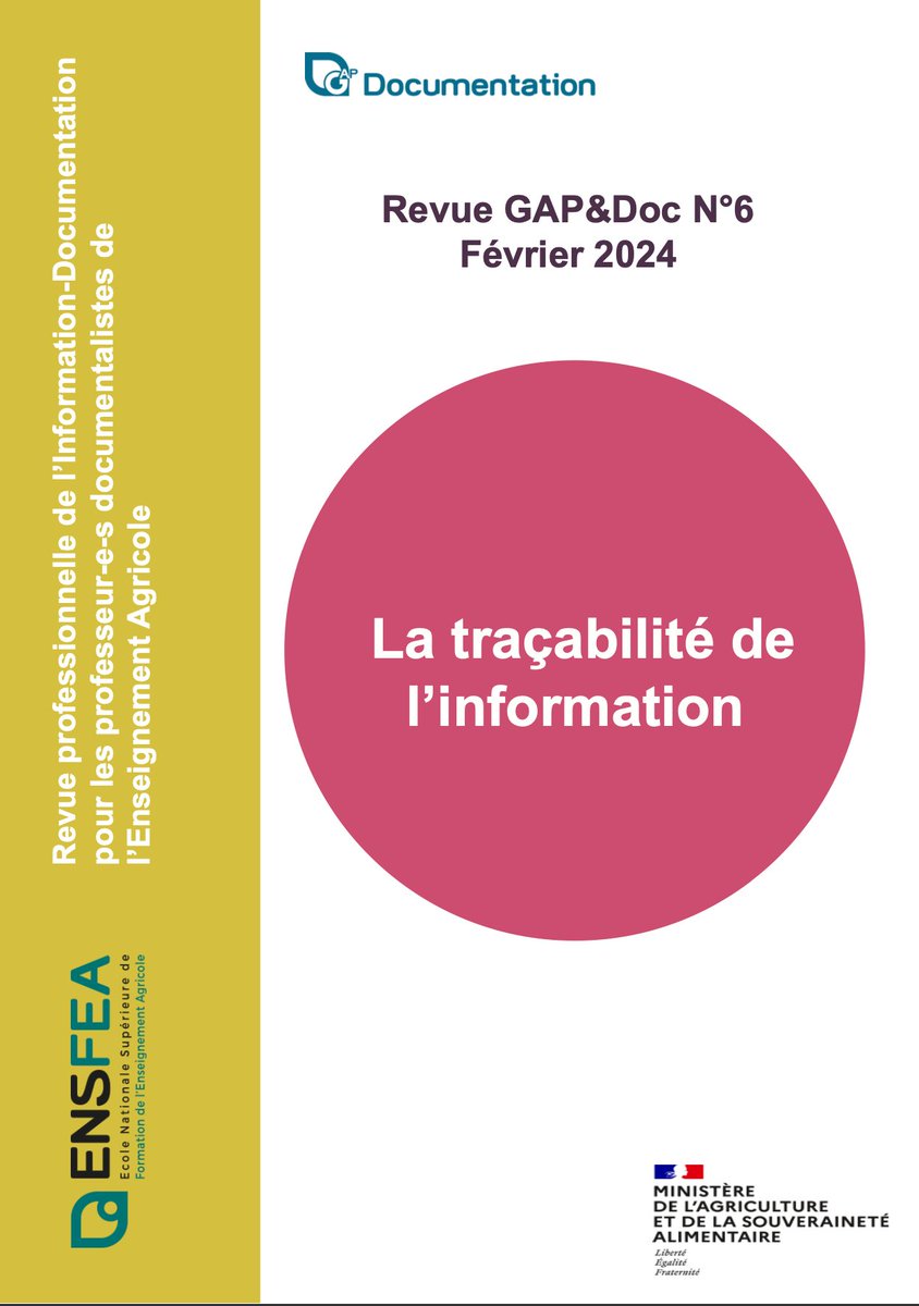 Parution du numéro 6 de la revue GAP&DOC par et pour les professeurs-documentalistes de l’enseignement agricole sur la traçabilité de l'information @ENSFEA_Toulouse
 #profsdocs #enseignementagricole 
dgxy.link/gapdoc6