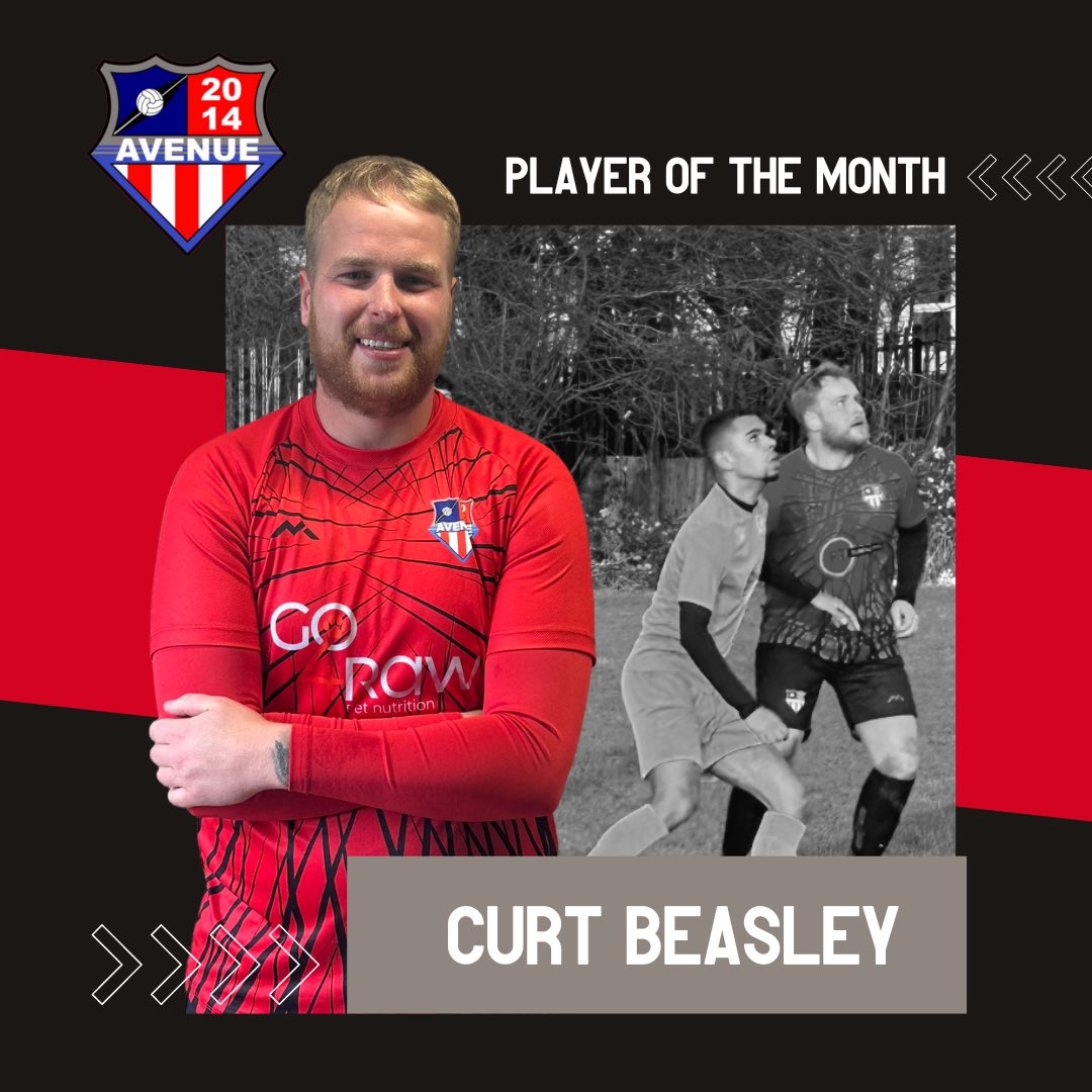 Avenue MFL Player of the Month -: CURT BEASLEY Ever present in the starting line up through consistently good performances. Dominant in both boxes aerially and a humble player who capped this month off with a goal. A very fitting Player of the Month. Well done Curt 👏🏼 🔴⚫️🔵