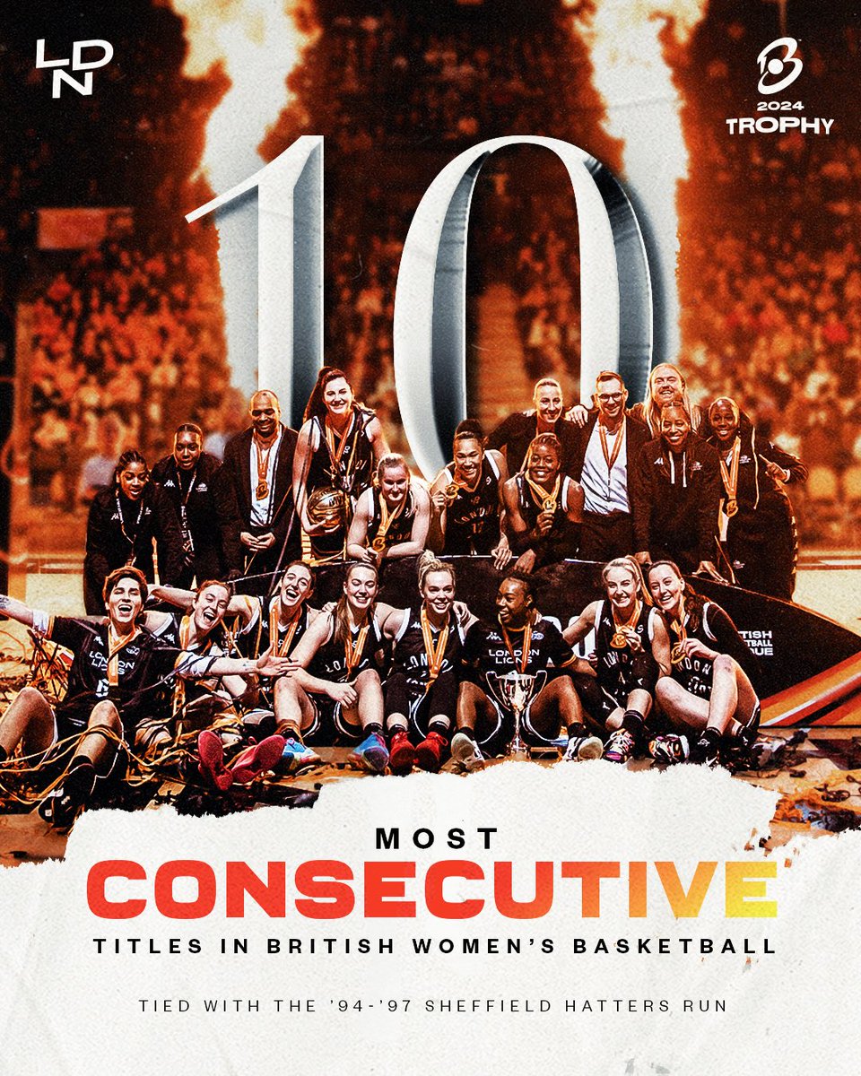 10 CONSECUTIVE TITLES 🏆🤩🦁 With 🔟 consecutive titles we tied the 1994-97 @Hatters_BC for longest ever run of wins in @britishbasketw history! 🤩 Stat credit: @dan_routledge @HoopsfixWomen #WeAreLondon