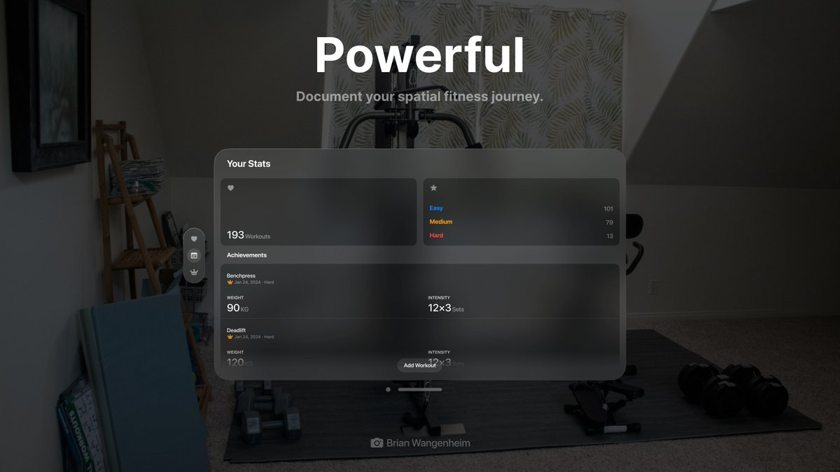 Robvoets's tweet photo. I'm bringing WorkHard — our minimal workout tracker — to the Vision Pro. In case you want to track your workouts when you're exercising on Tatooine or in Andy's toy box.