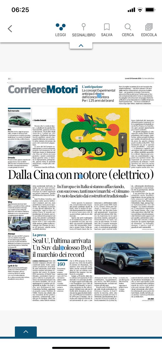 Su il #corrieredellasera di oggi, uno scenario dei costruttori auto cinesi in Italia e le impressioni della #BYD Seal U