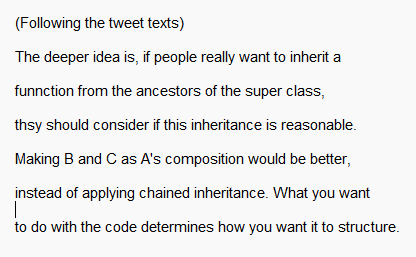 linkaiyue2's tweet image. A lottery question for ya! What will be the output of this program?
The result is ... ERROR! I believed class inheriting in JS was, people use super.super.super... to access the very ancestor class, only to find that it crashed from begin. #ProgrammingParadigms
@NortheasternCA