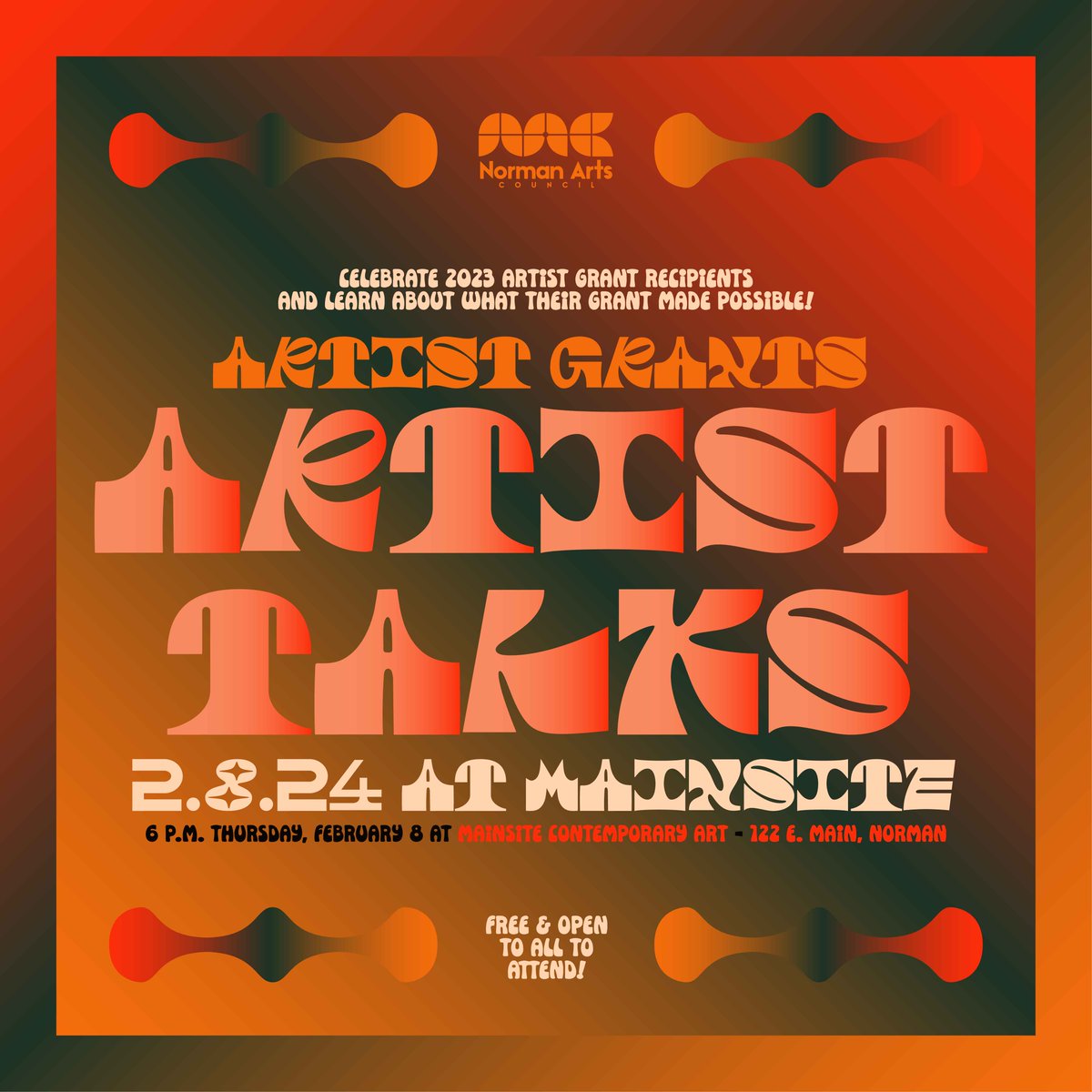 Join us at 6 p.m. Thursday, February 8 at MAINSITE Contemporary Art for Artist Grants Artist Talks, where the Norman artists selected in 2023 will share what their respective awards made possible in Norman last year!

Learn more at: normanarts.org/news/2024/1/ce…