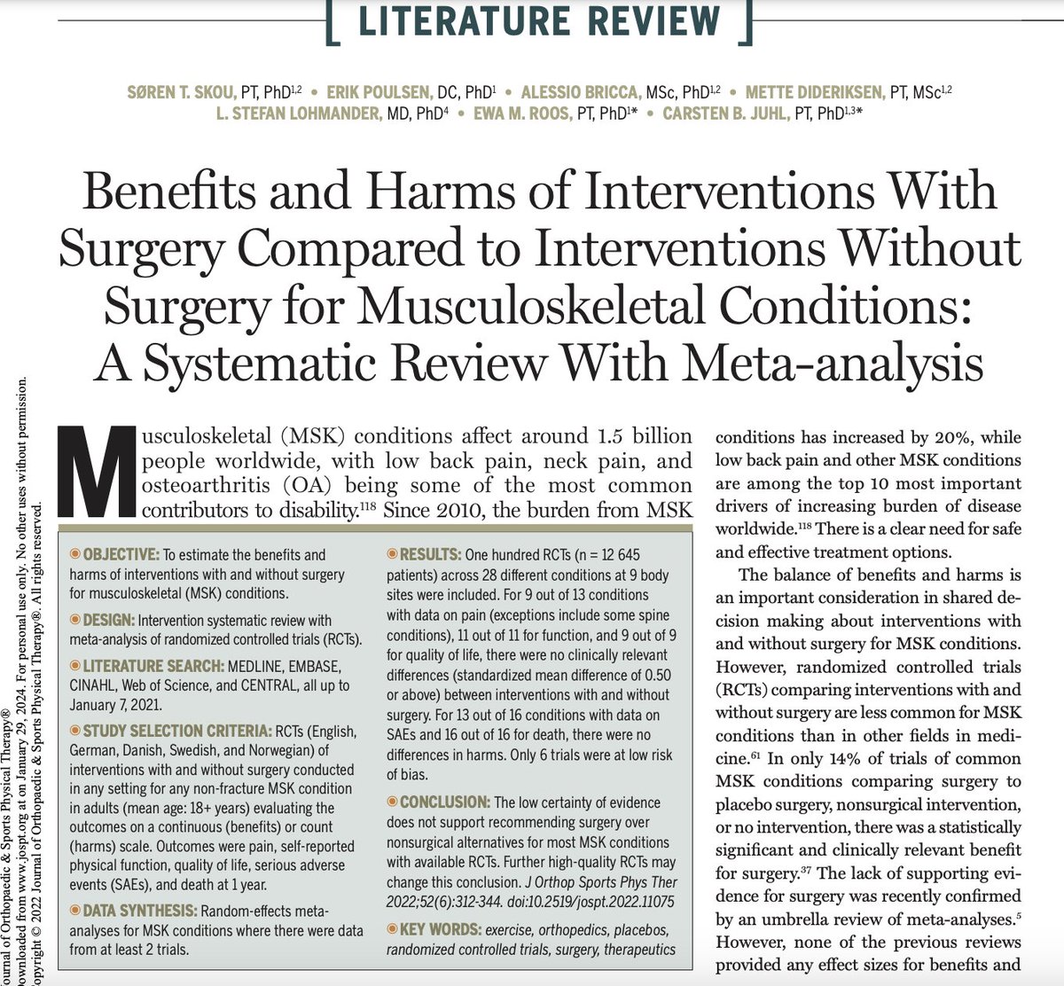 Non-surgical treatments may be as effective as surgery for most musculoskeletal (MSK) conditions. 🆓 Yet, with higher-quality RCTs in the future, this conclusion could potentially change. Help patients to take an informed decision. 🧵