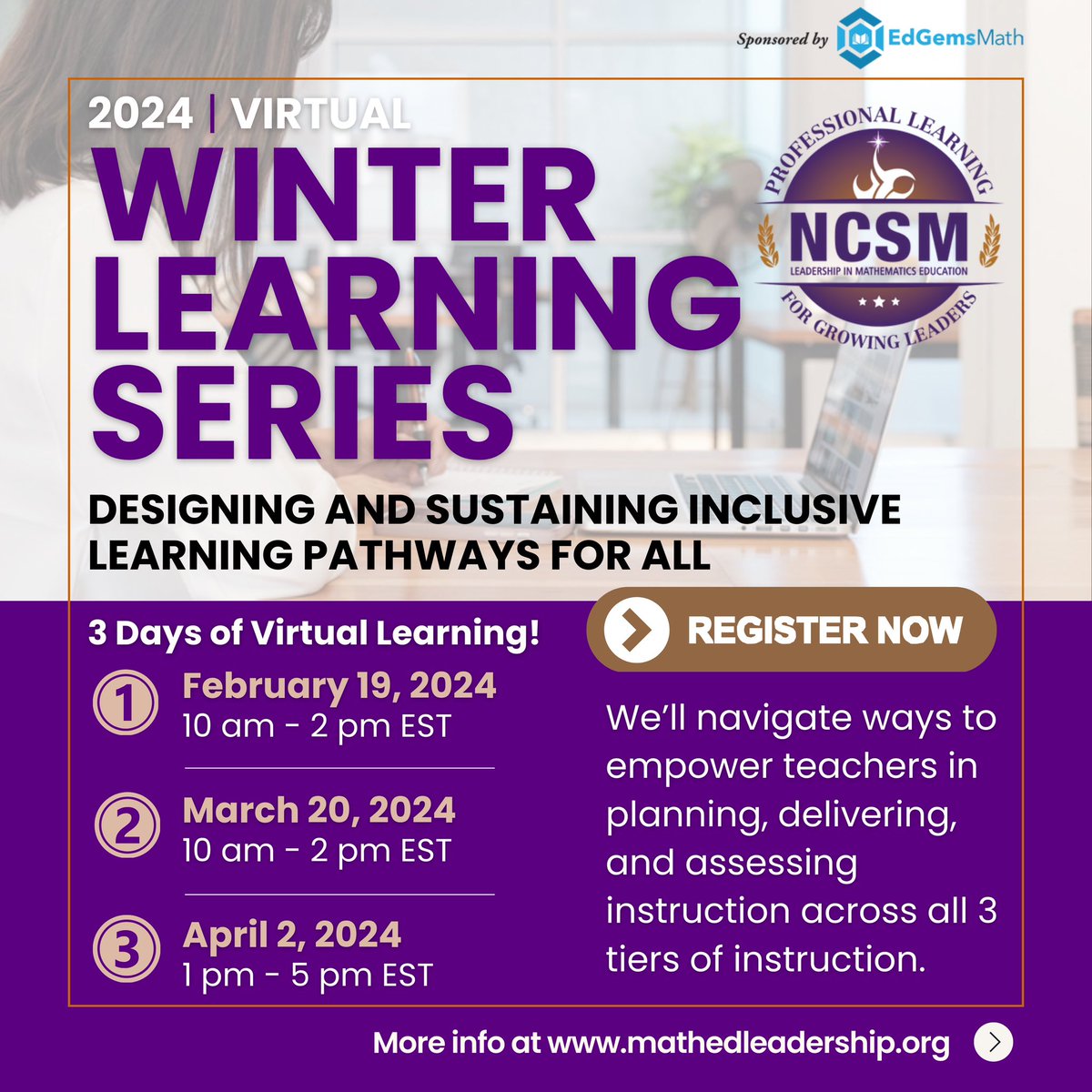 🍎 Registration is open for a powerful learning series for math leaders! 2 seminars Feb 19 & Mar 20 on supporting Tiers 1, 2, & 3. 1 epic virtual mini-conference Apr 2 featuring keynoter @mathematize4all! Learn more and register now at mathedleadership.org/ncsm-virtual-w… #NCSMBOLD