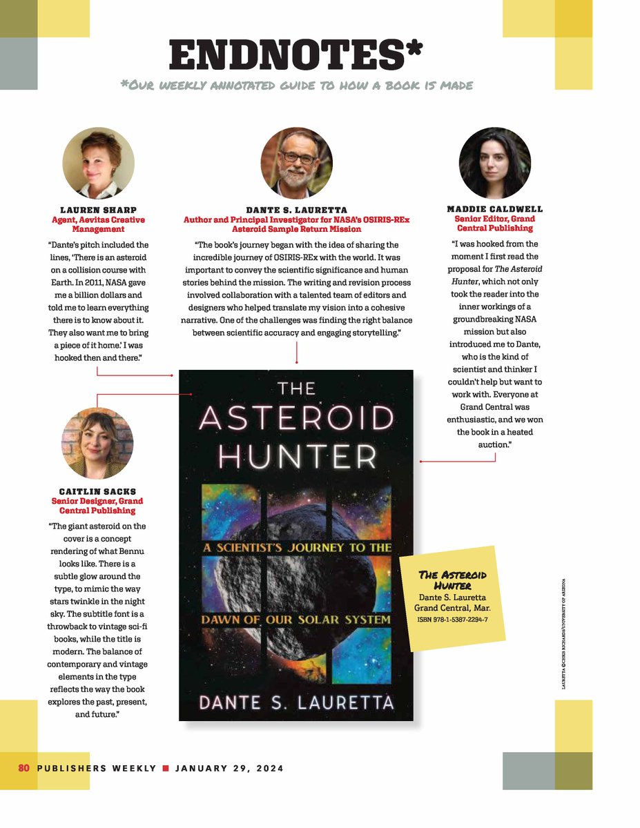 How does a historic NASA mission become a book? @PublishersWkly shares a behind the scenes look at THE ASTEROID HUNTER from author Dante Lauretta, plus agent @LPS_DC, editor @maddiecalls, and cover designer Caitlin Sacks!