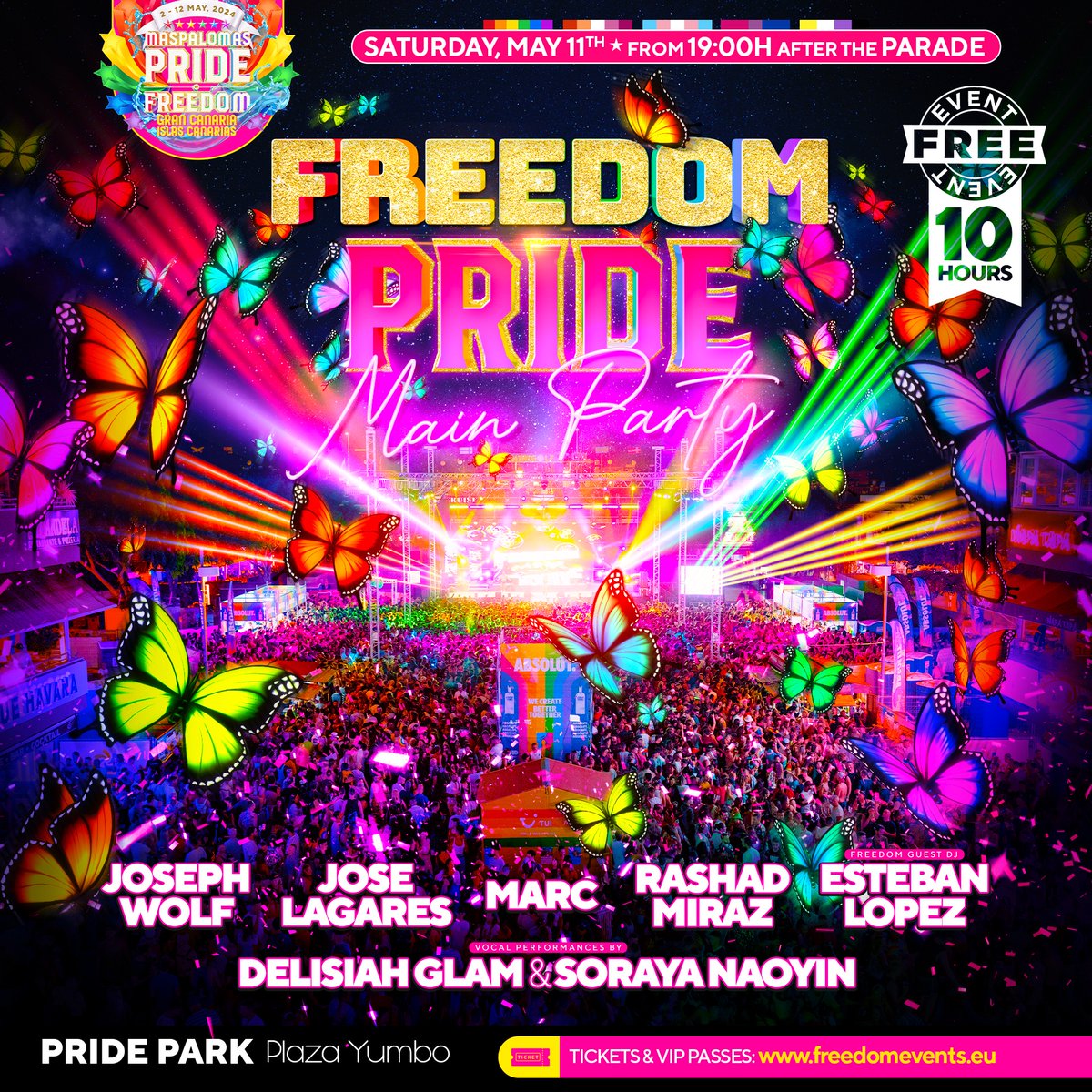 Attention, party lovers! 🎉 <a href="/FreedomPartyEsp/">FreedomParty</a>  is proud to present the spectacular Main Party 🌟 this Saturday, May 11th. The event kicks off at 19:00 at the Pride Park, located in the Yumbo Square. Get ready to dive into 10 uninterrupted hours of music and fun!