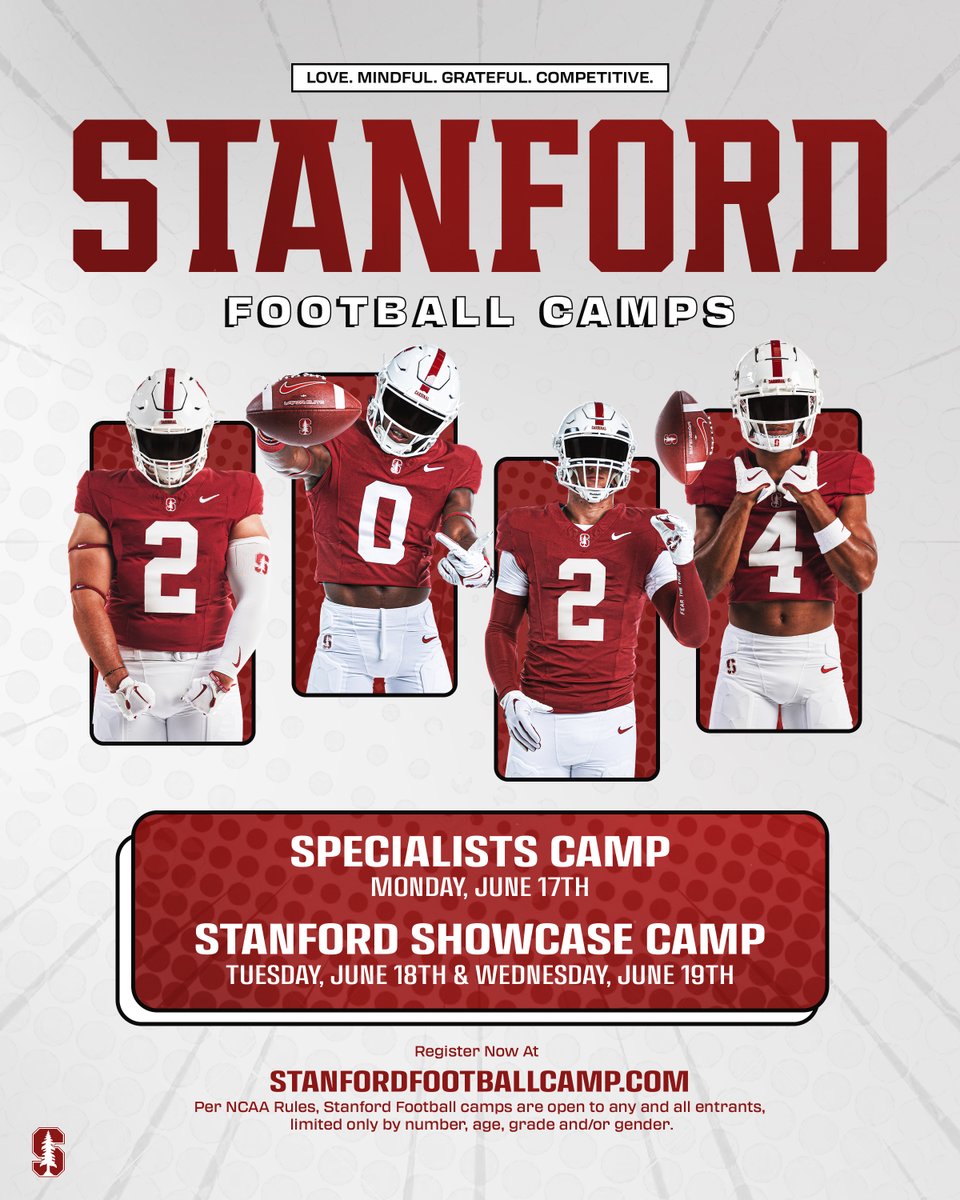 𝙎𝙏𝘼𝙉𝙁𝙊𝙍𝘿 𝙁𝙊𝙊𝙏𝘽𝘼𝙇𝙇 𝘾𝘼𝙈𝙋𝙎‼️ Registration is open for our 2024 summer camps! Don't miss your chance to learn and compete on The Farm this summer! Details ➕ Register ➡️ StanfordFootballCamp.com #GoStanford