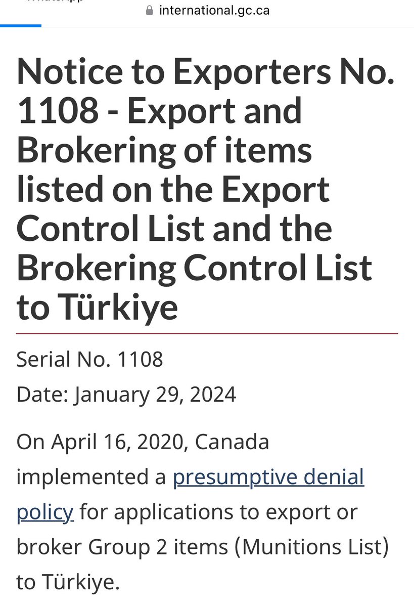 Canada lifts an arms embargo on Turkey after the ratification of Sweden’s Nato membership 

• The presumptive denial policy is no longer in place.

• Turkey will have to get approval from Canada if it re-exports military equipment to a non-Nato country except Ukraine