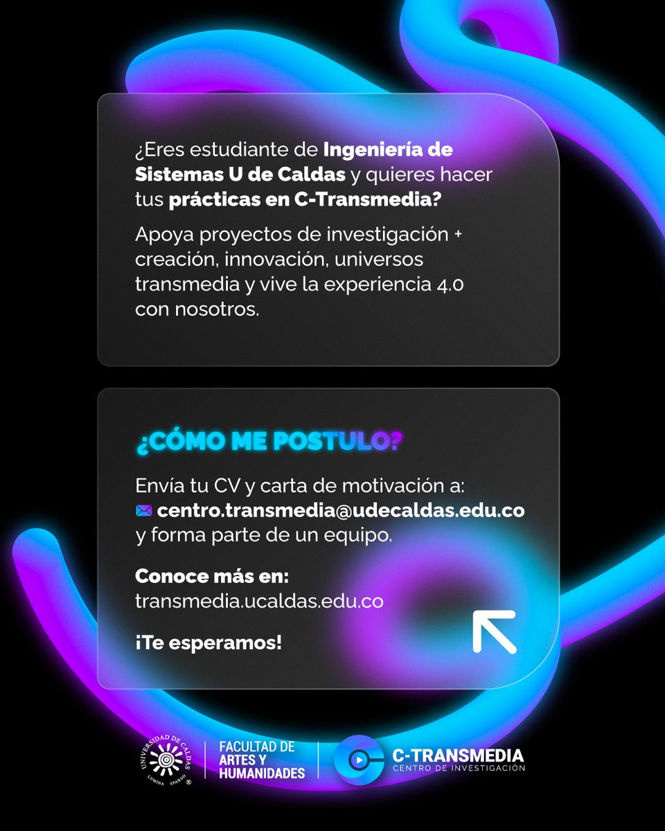 c_transmedia's tweet photo. 🔵🟣 Queremos que nuestro equipo creativo y científico se potencie a través de jóvenes que aporten ideas únicas🚀. Por eso, buscamos #practicantes de ingeniería de sistemas y diseño visual que quieran vivir una #experiencia #profesional en C-Transmedia. https://t.co/jFH0eCf9Vw