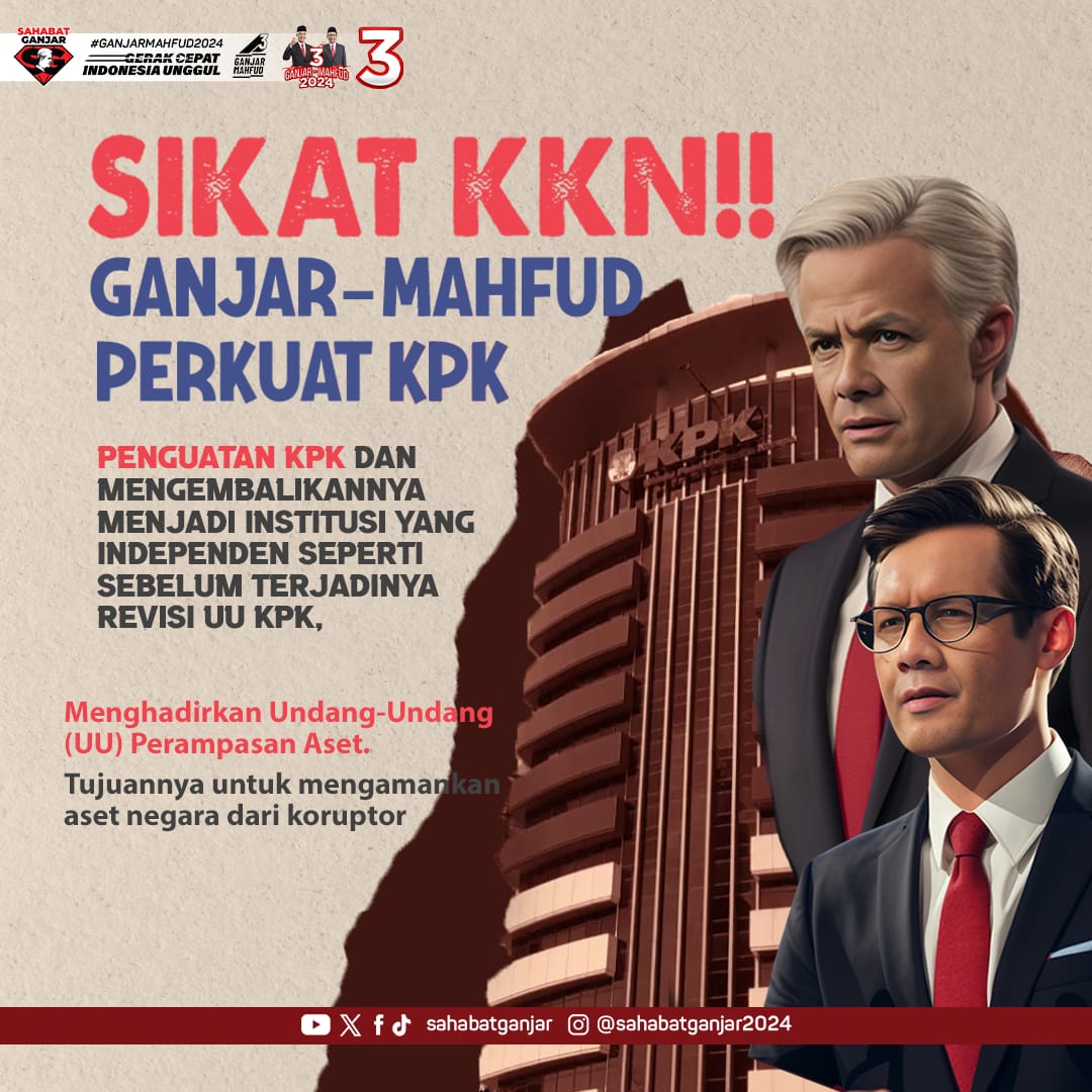 Ganjar Pranowo dan Mahfud MD menunjukkan tekad kuat dlm penegakan hukum sebagai fokus utama kepemimpinan mereka di Indonesia. Melalui program 'Sikat KKN,' pasangan ini berkomitmen untuk memperkuat KPK. #SahabatGanjar #GanjarPresiden #GanjarMahfud2024 #SatSet #PastiLebihBaik