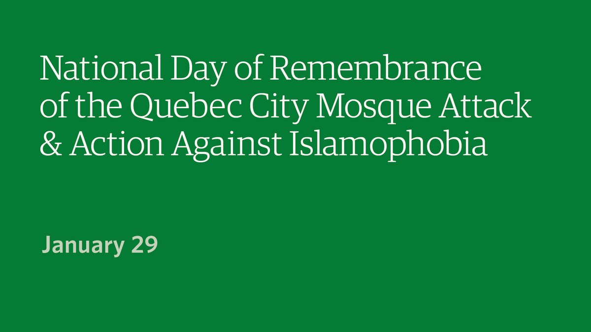 January 29: National Day of Remembrance of the Quebec City Mosque Attack and Action against Islamophobia. Today is an opportunity to honour the survivors and victims and reaffirm our commitments to addressing Islamophobia and other forms of discrimination. bit.ly/49dTEE2