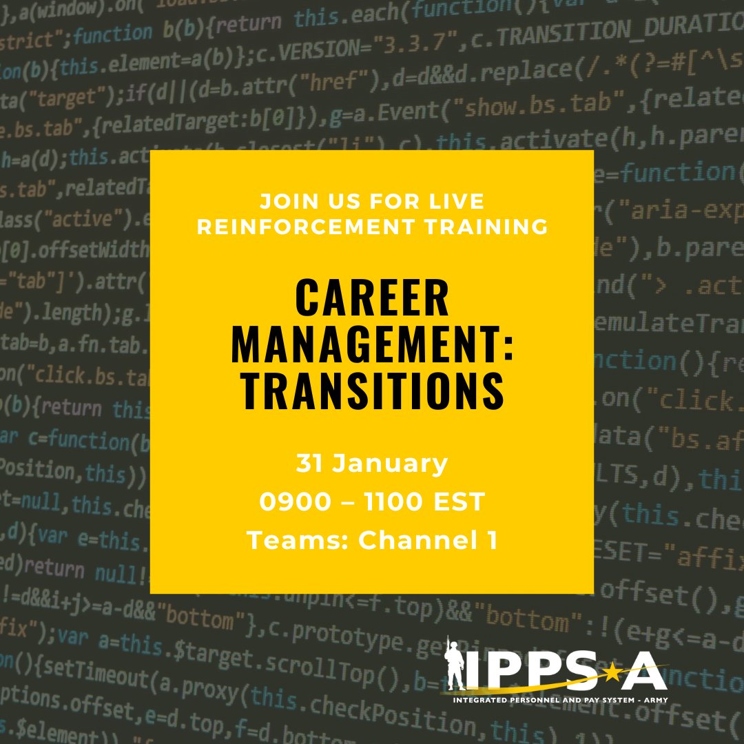 IPPSArmy's tweet photo. Join Career Management: Transitions on Teams, January 31, 0900 – 1100 ET. Recordings of these sessions are available on Teams by navigating to Channel 1, files tab, and opening the recordings folder.
Teams: https://t.co/VkqIxiG7U0
#IPPSATraining https://t.co/bBNQIYrgUX